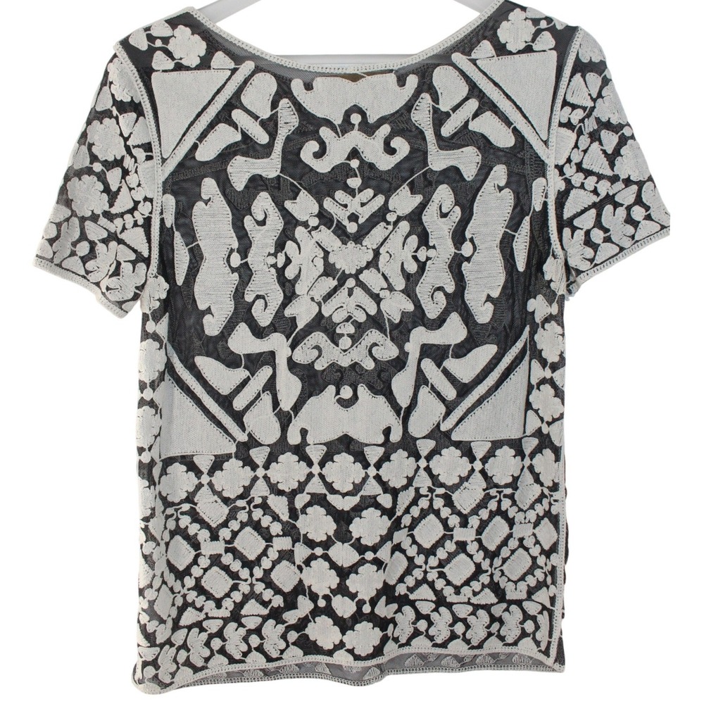 Everleigh Blouse Embroidered Mesh Short Sleeve Small Black White C3217
